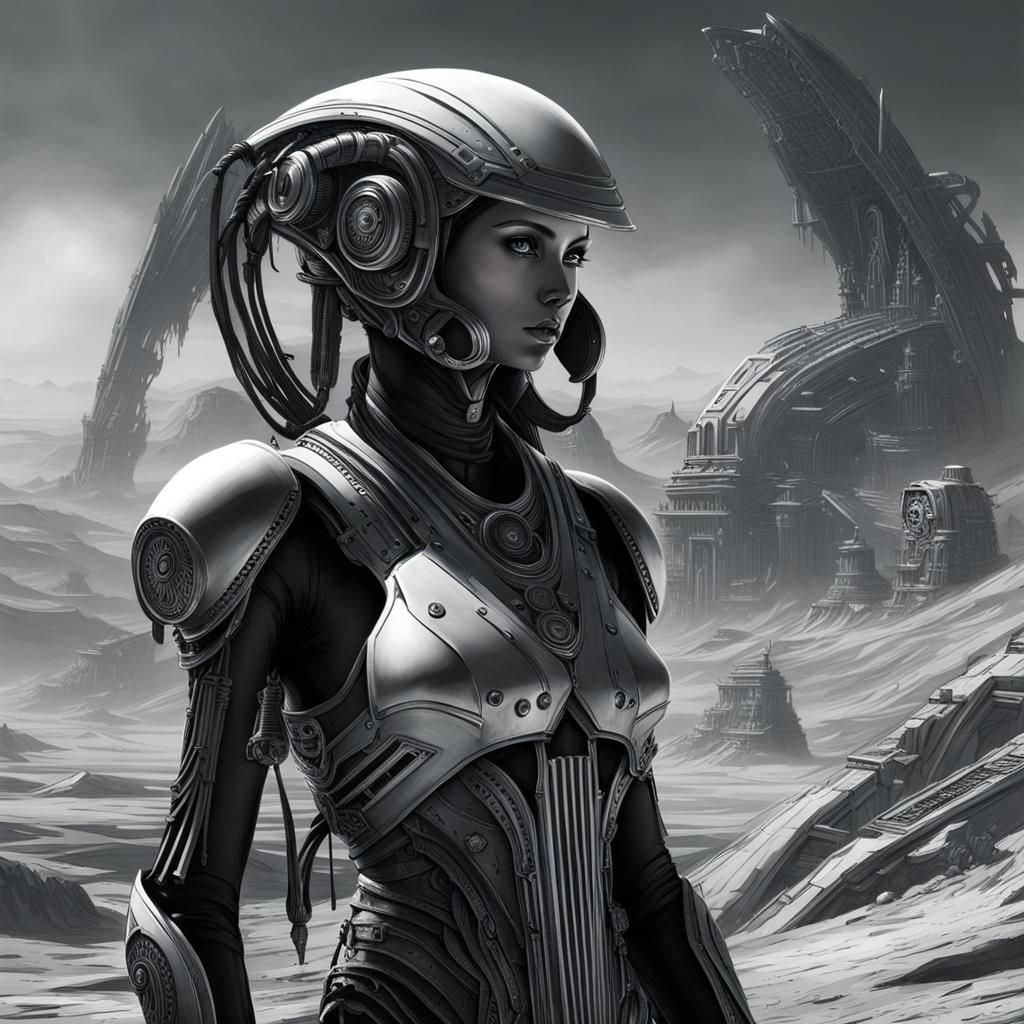 Monochrome Android Woman on Decayed Alien World