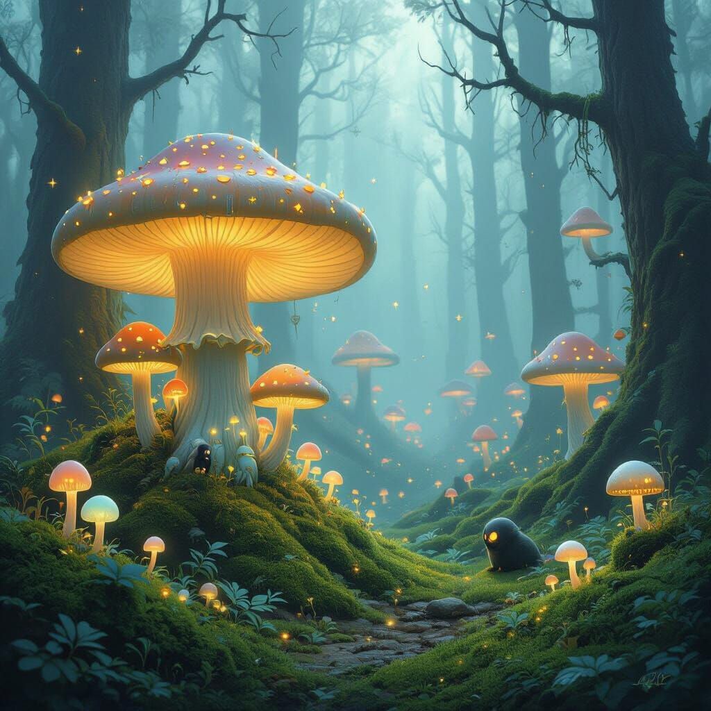 Bioluminescent Mushroom Forest: Dreamlike Fairytale Illustra...