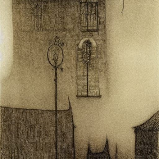 Sinister Misty Village Inspired by Hammershøi and Rackham