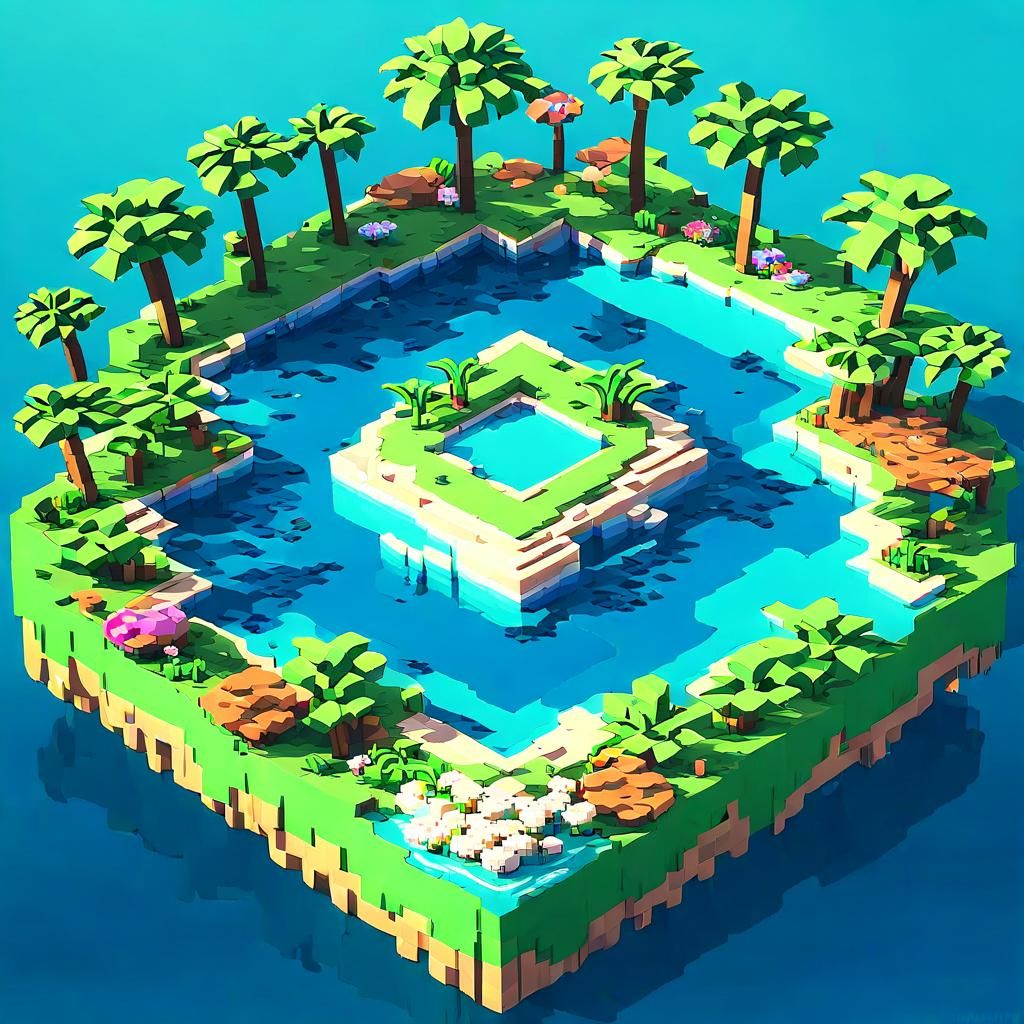 Blocky Oasis Island in 3D Rendering