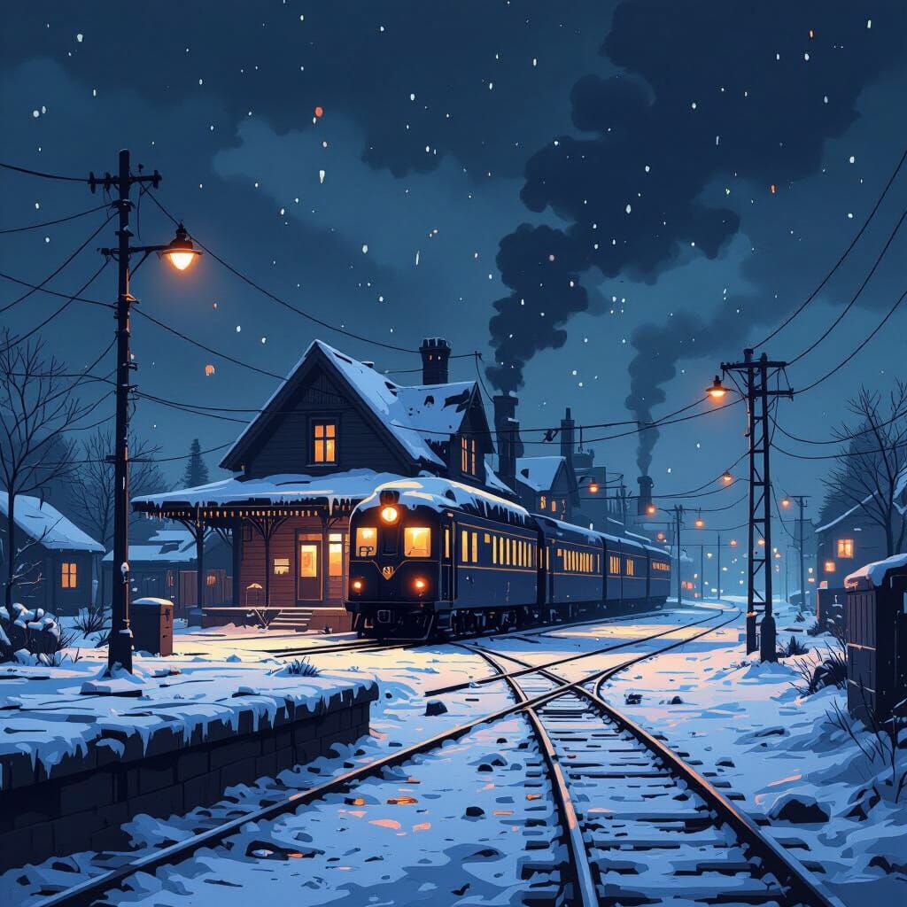 Pixel Art of a Ruined Train Station in Winter
