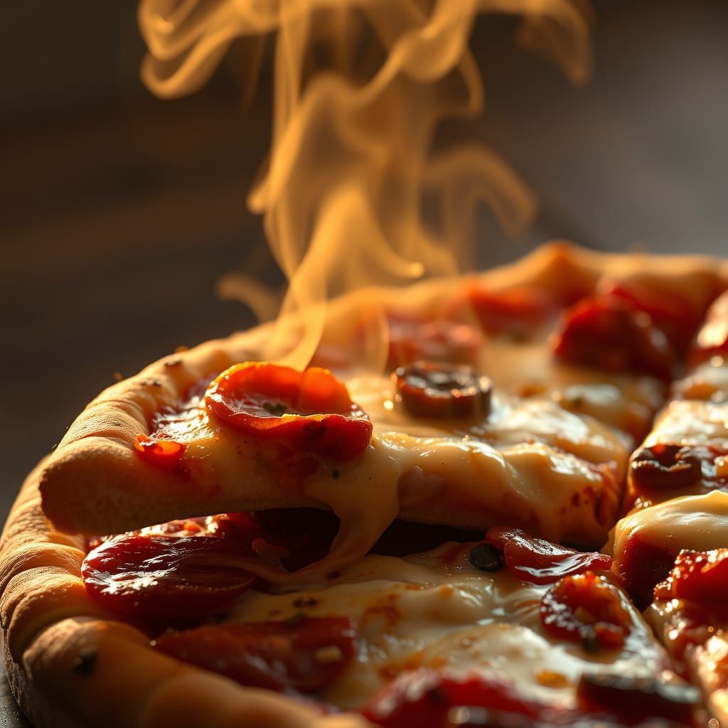 Hyperrealistic Pizza with Melted Mozzarella and Steam