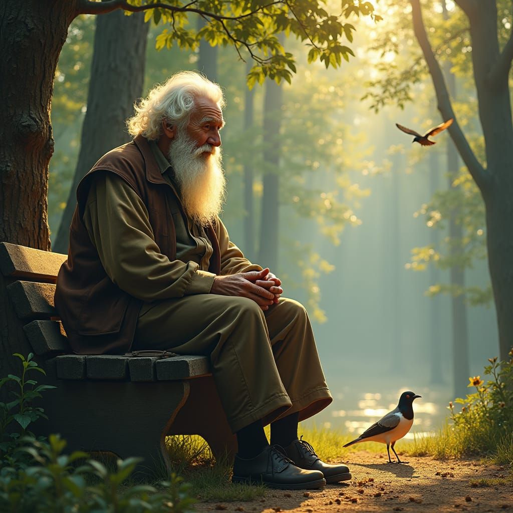 Contemplative Old Man in Forest, Dreamy Realism