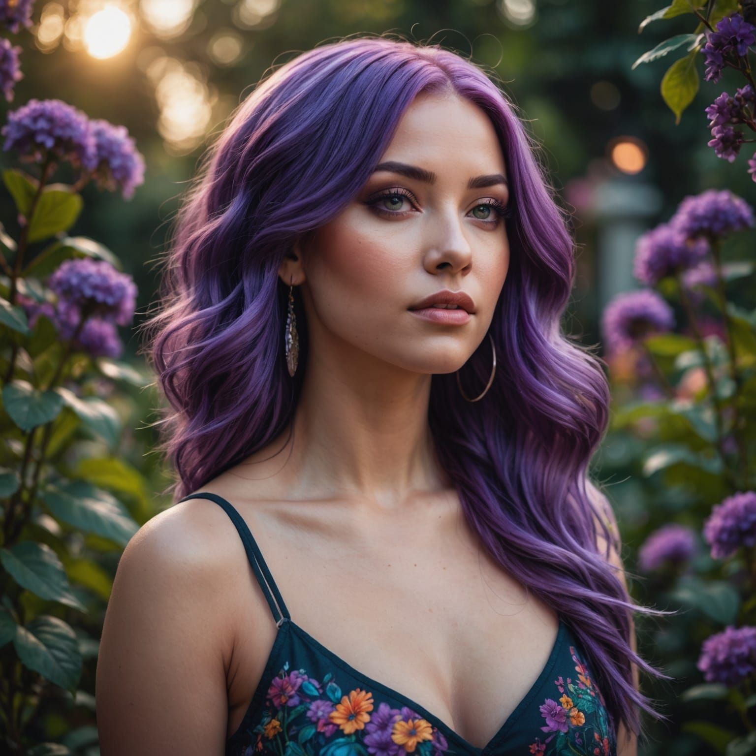 Beautiful Woman with Purple Hair in Twilight Garden