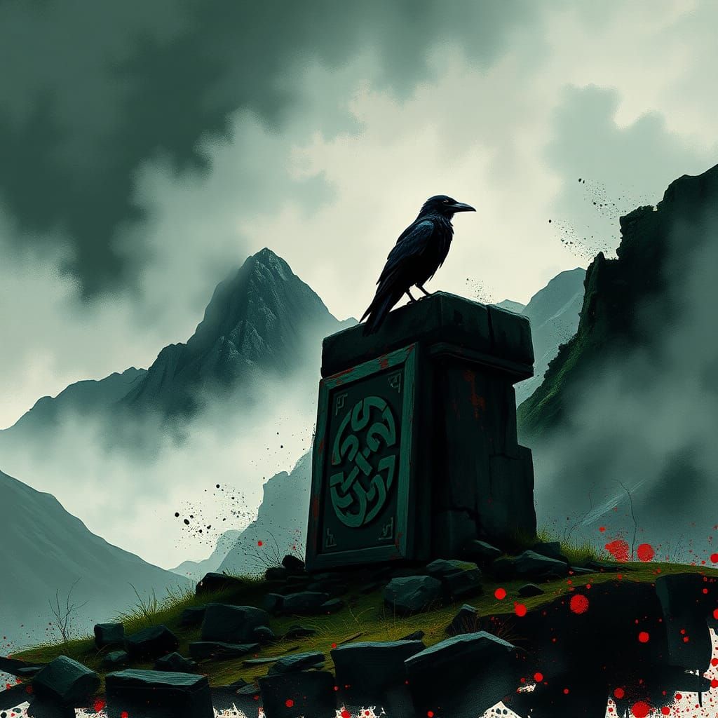 Crow on Celtic Monument in Rugged Landscape
