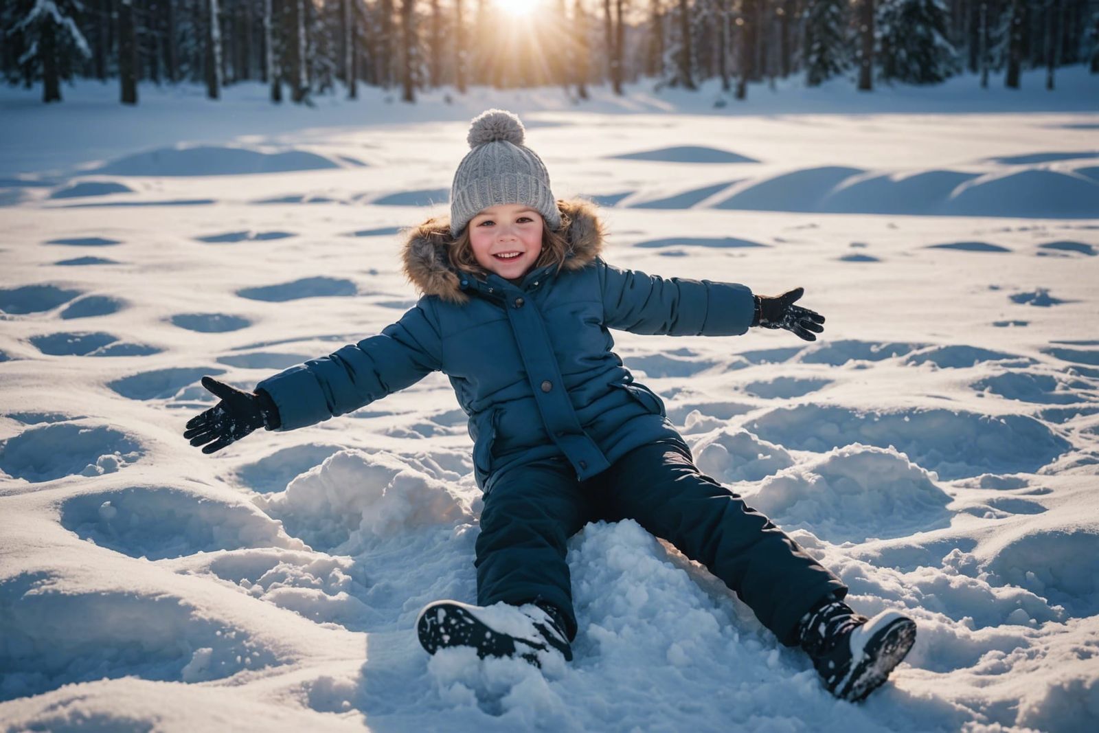 Child's Joy: Snow Angels in Winter Sunlight