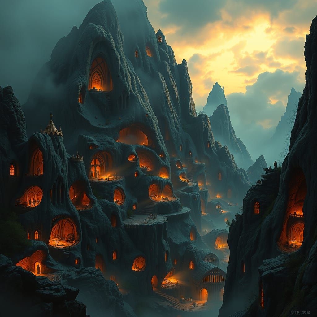Mystical Dwarven Mountain Enclave at Sunset