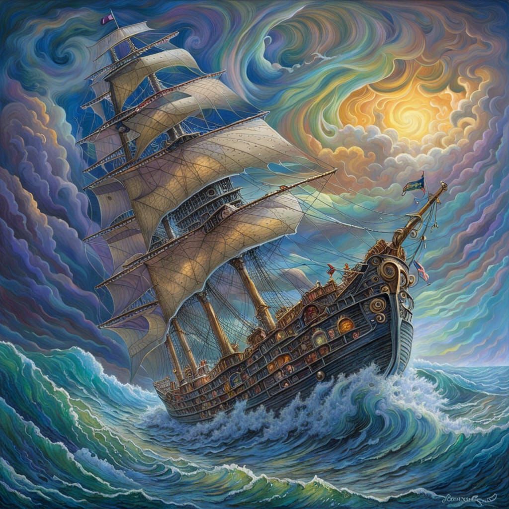 Ghost Ship Amidst Stormy Seas, Fairytale Style