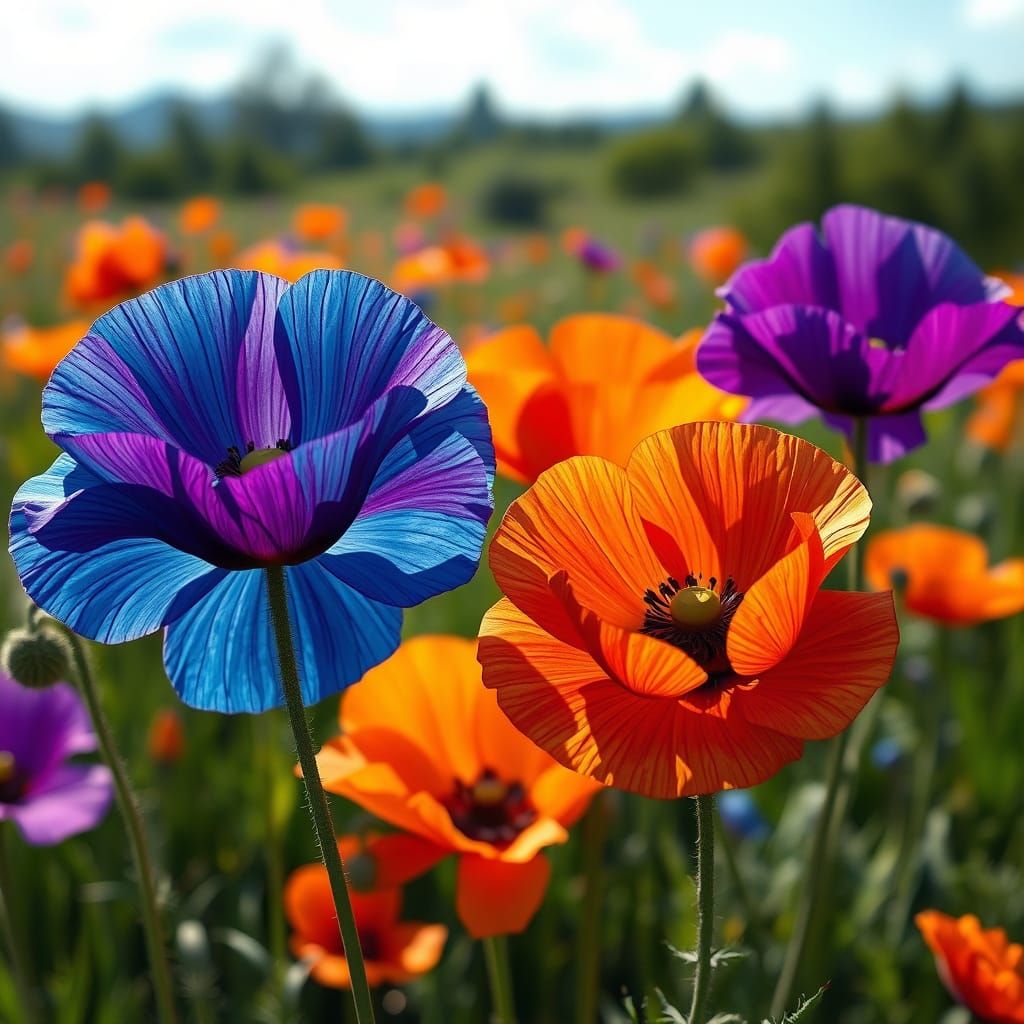 Vibrant Poppies in Kaleidoscopic Hues, Whimsical Landscape