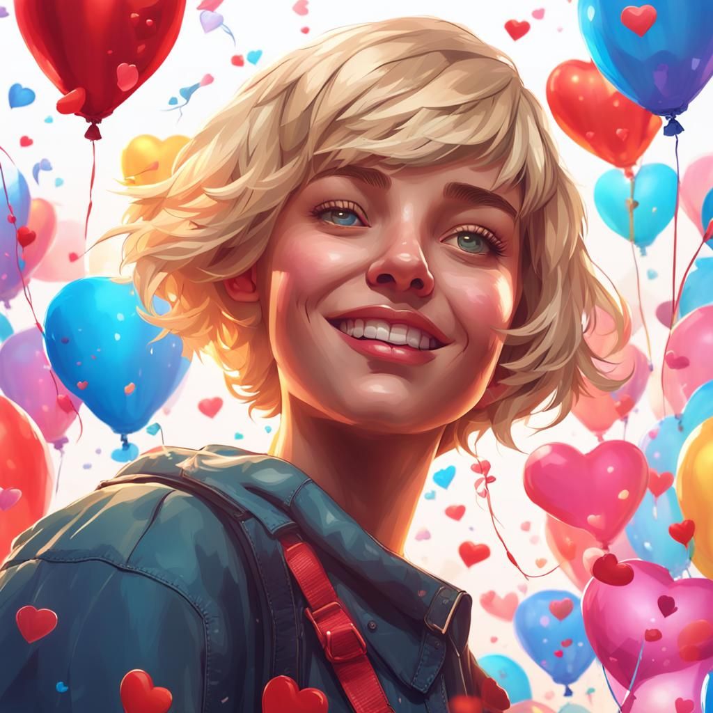 Birthday Portrait with Balloons in Digital Art Style