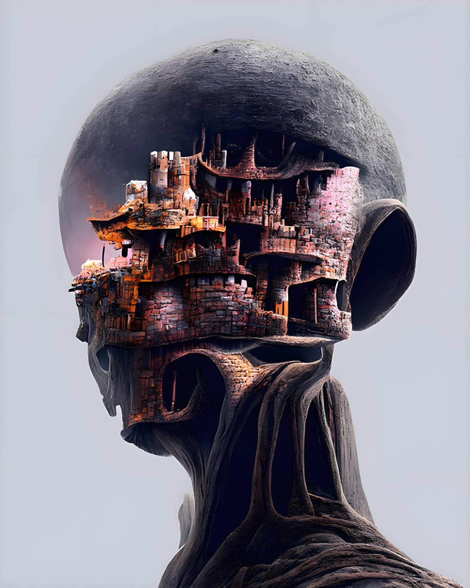 Glitchy Digital Humanoid Head with Castle Towers