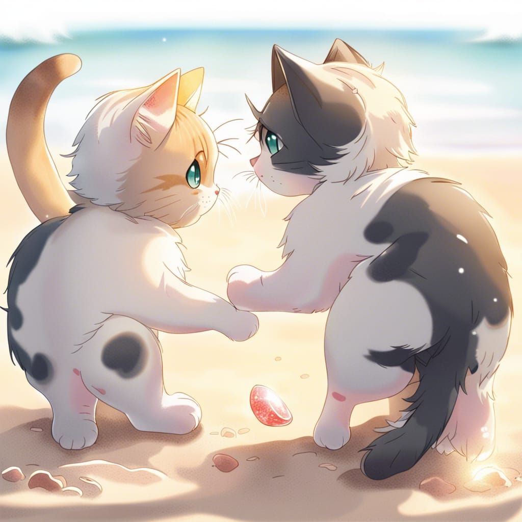 Kittens Play on Beach in Anime Style