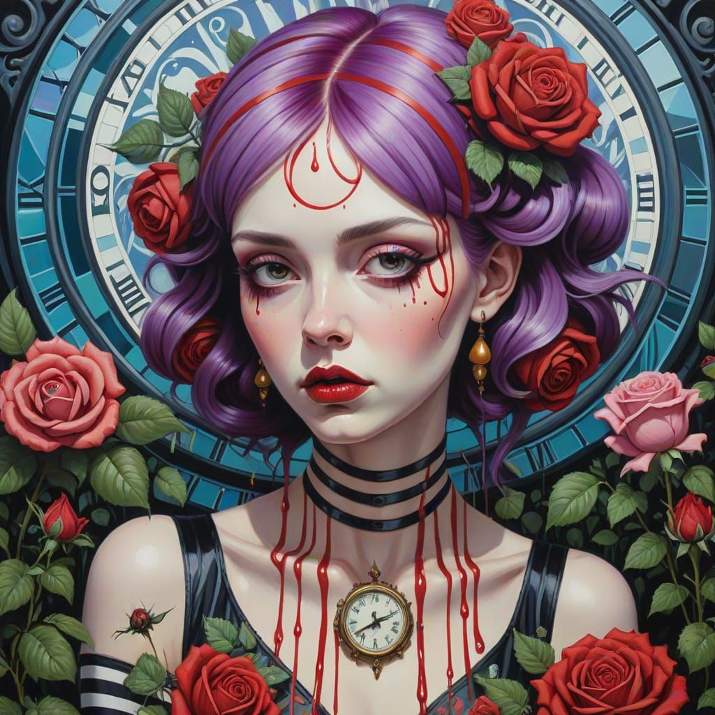 Surreal Woman in Whimsigoth Garden with Melting Clocks