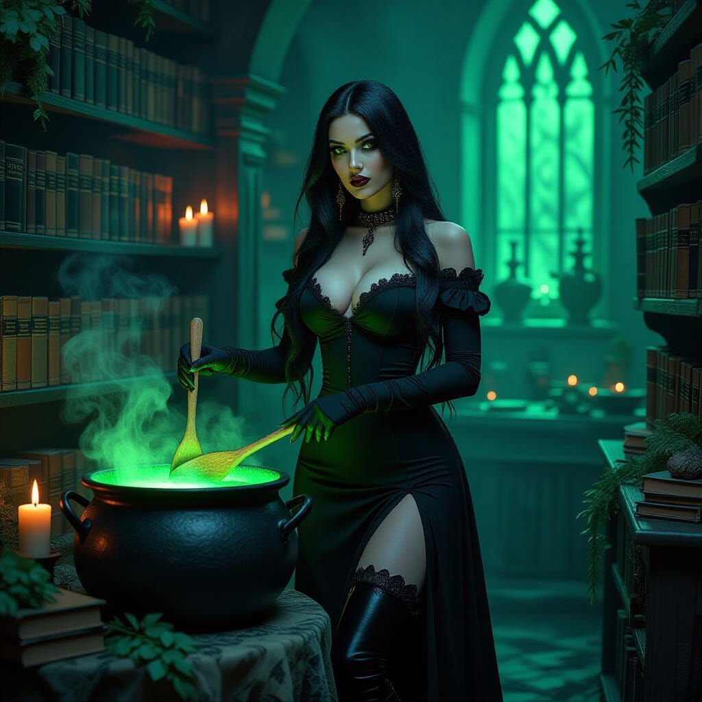 Gothic Woman Stirring Cauldron in Eerie Glow