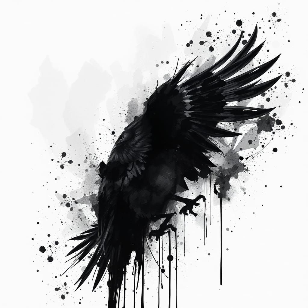 Monochrome Ink Splatter Raven: Abstract Impressionism