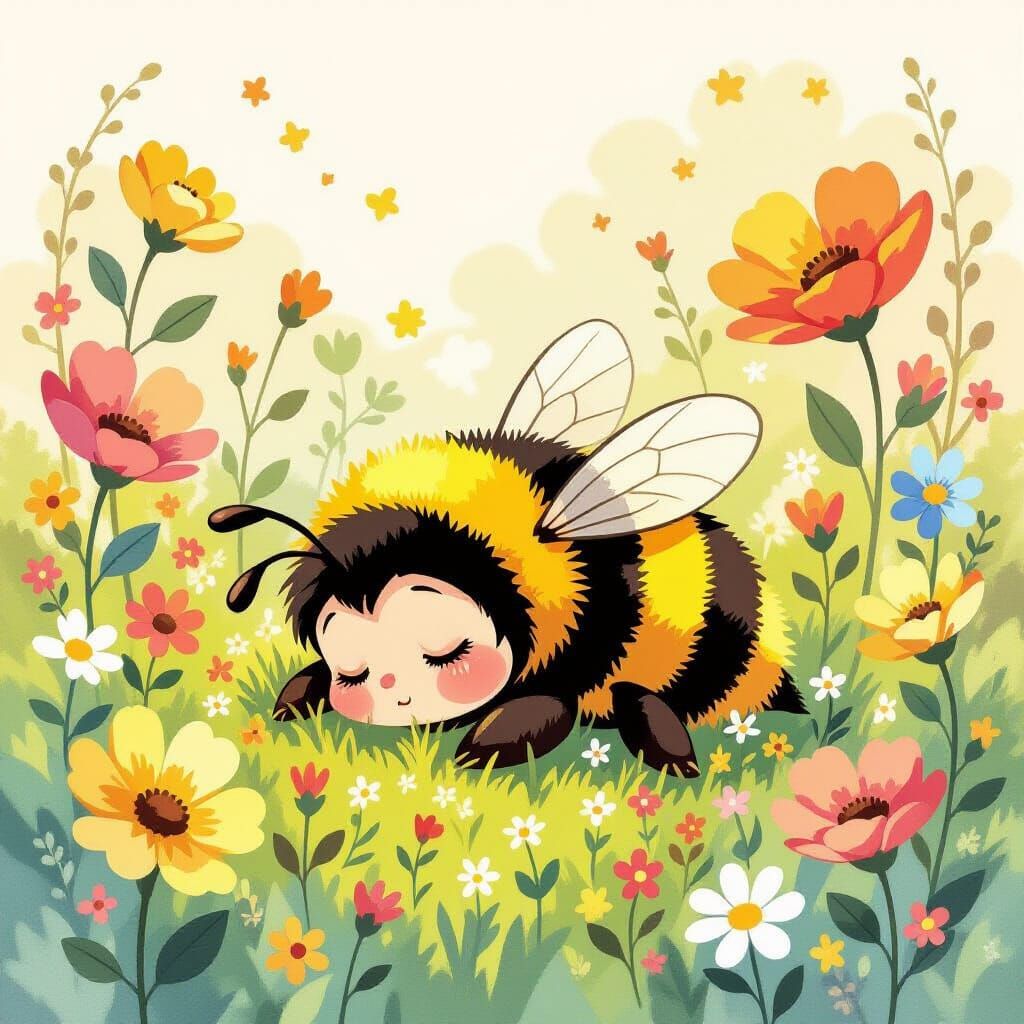 Chibi Bumblebee's Dream in Watercolor Meadow