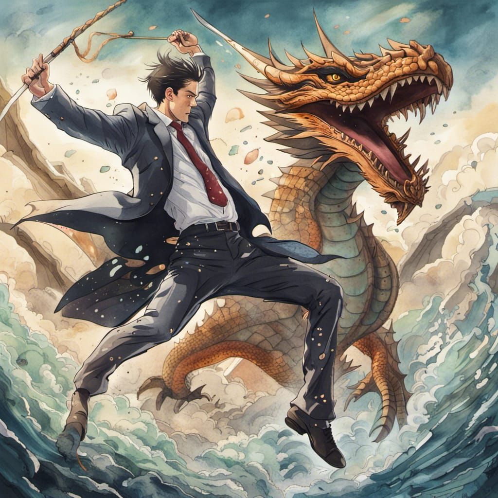 Businessman Strikes Dragon with Cane Sword in Anime Style