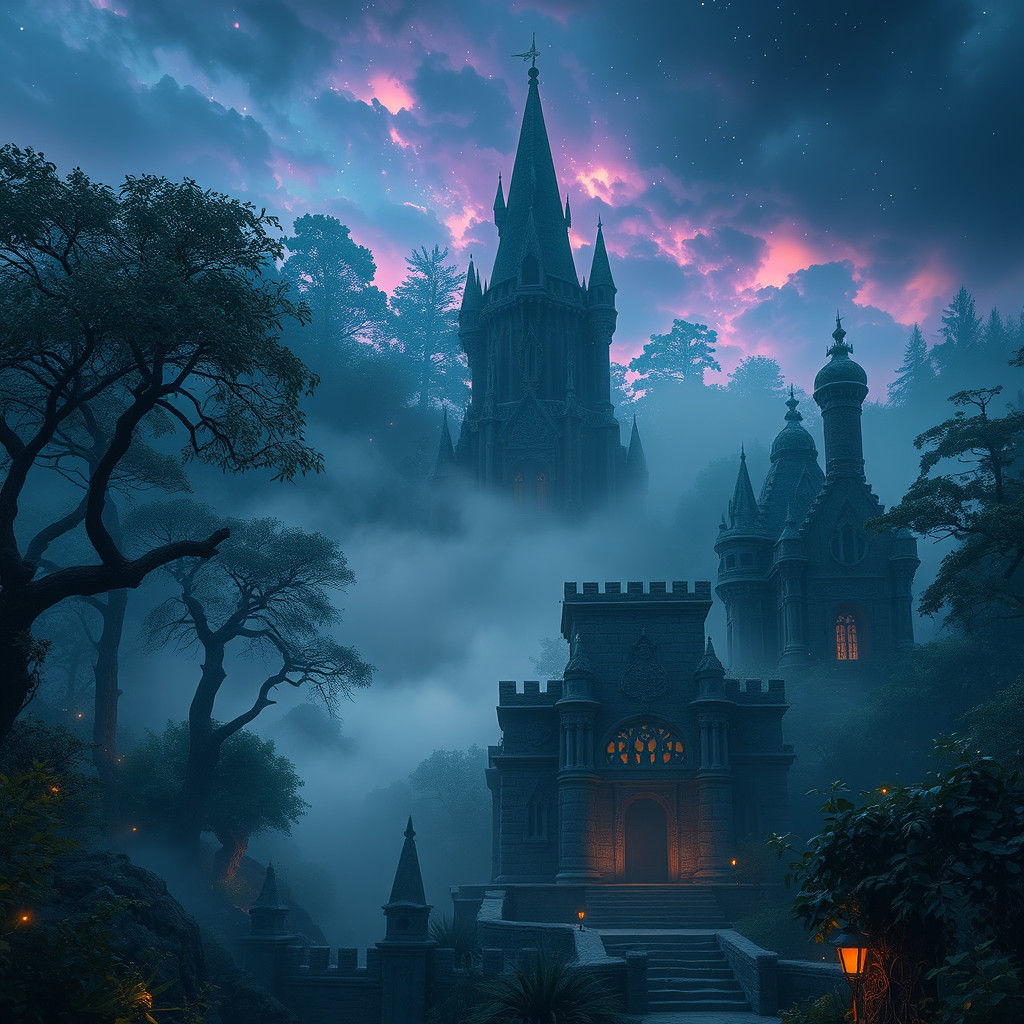 Mysterious Castle Ruins in Lush Forest: Fantasy Concept Art