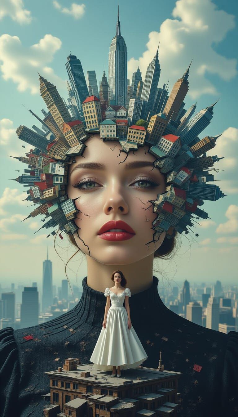 Fractured Cityscape with Surreal Dreamlike Woman in Digital ...