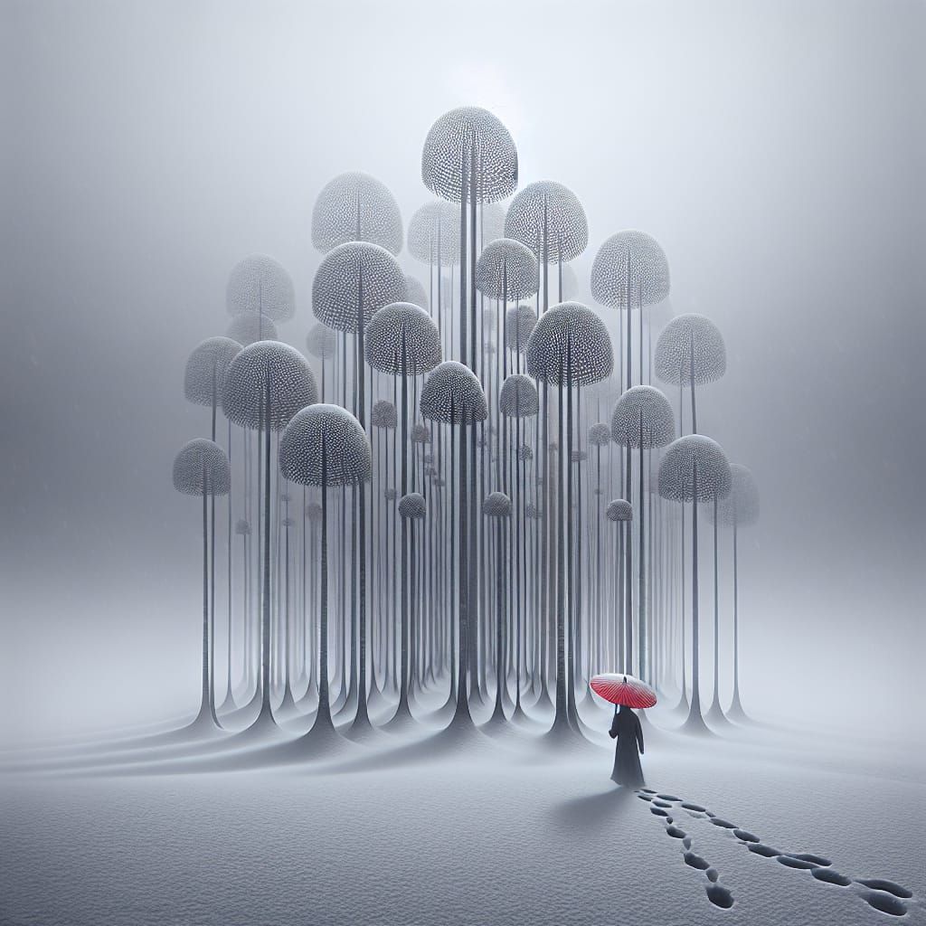 Ethereal Red Umbrella in a Gray Landscape