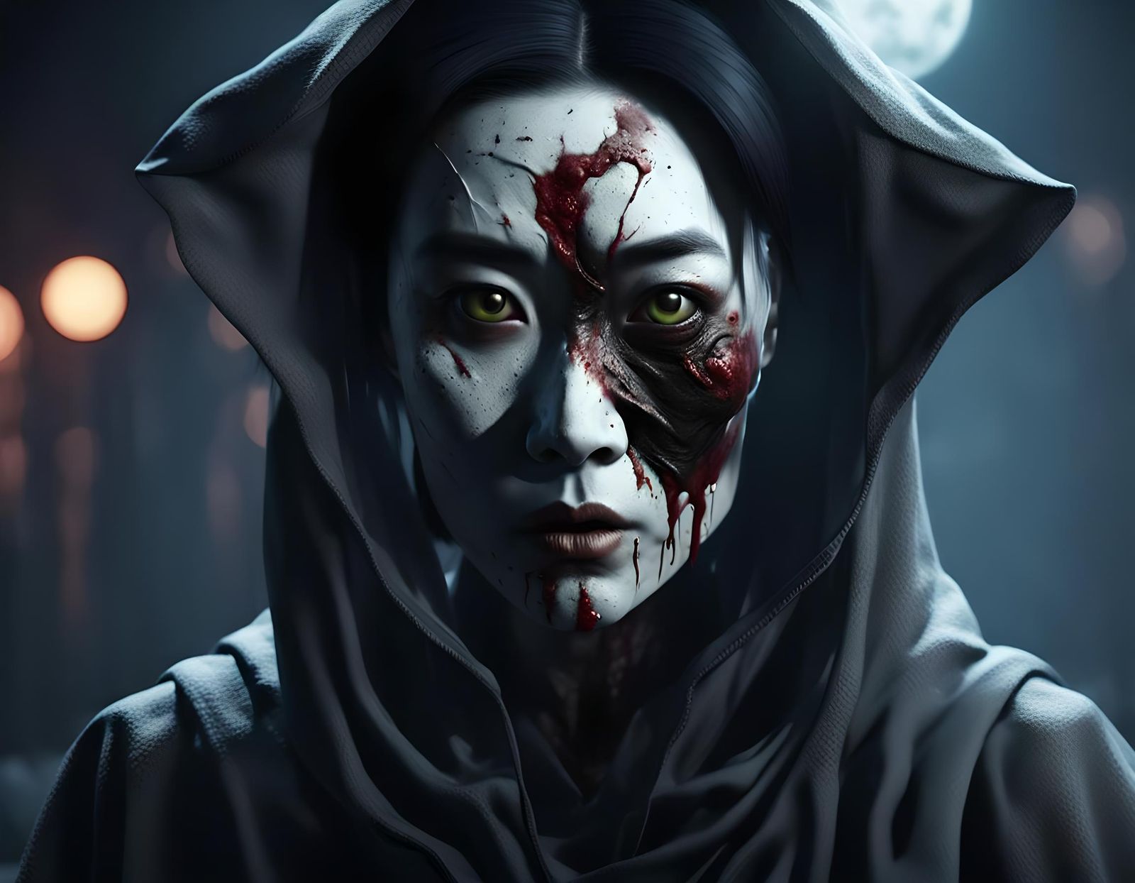 Asian Woman with Ghost Face Makeup, Sci-Fi Render