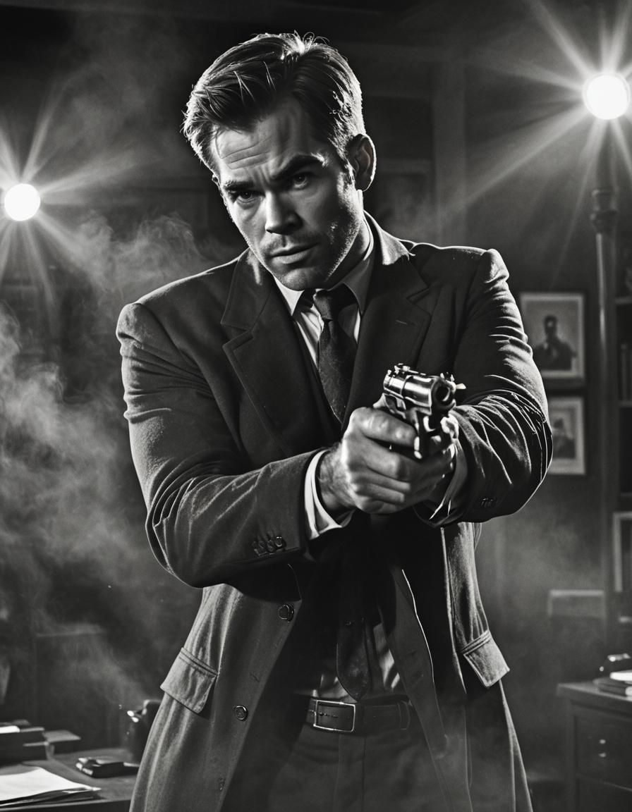 Noir Detective Chris Pine Fires Gun in Office