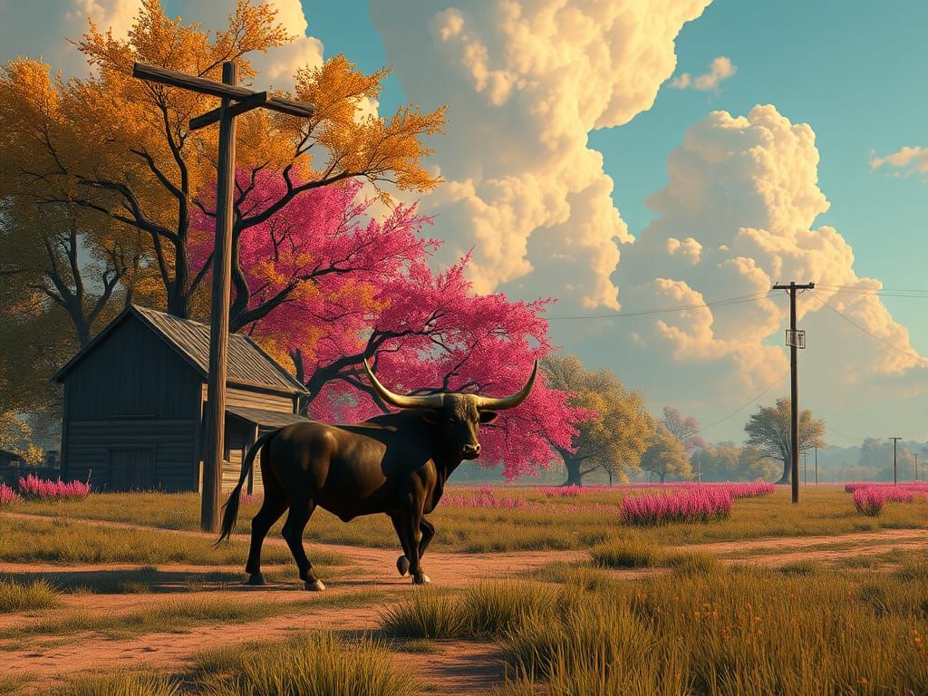Prairie Bullfight at Mississippi Crossroads: Matte Painting