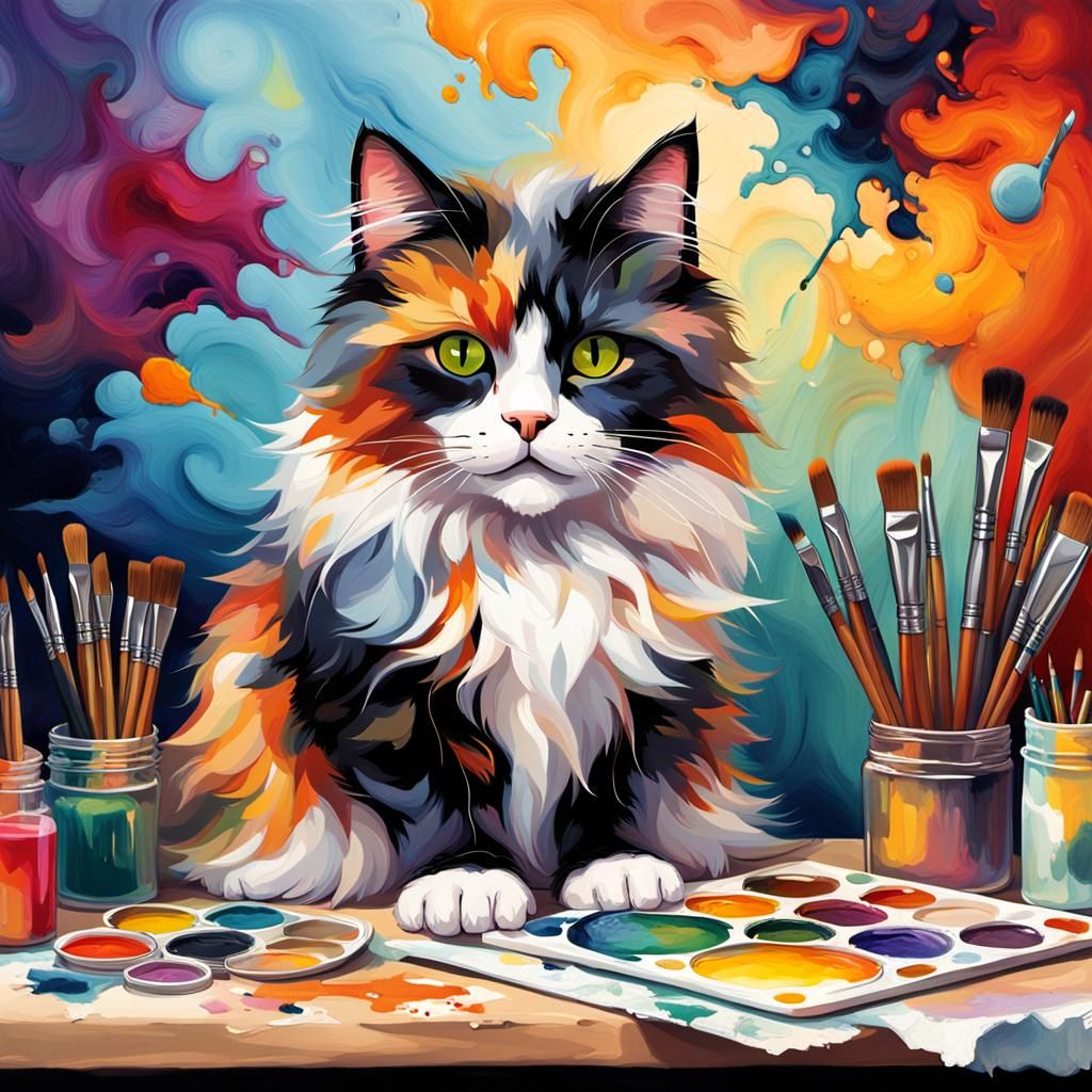 A fluffy cat painting a vibrant abstract canvas