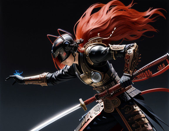 Copper Neko Fembot Samurai in Steampunk Armor