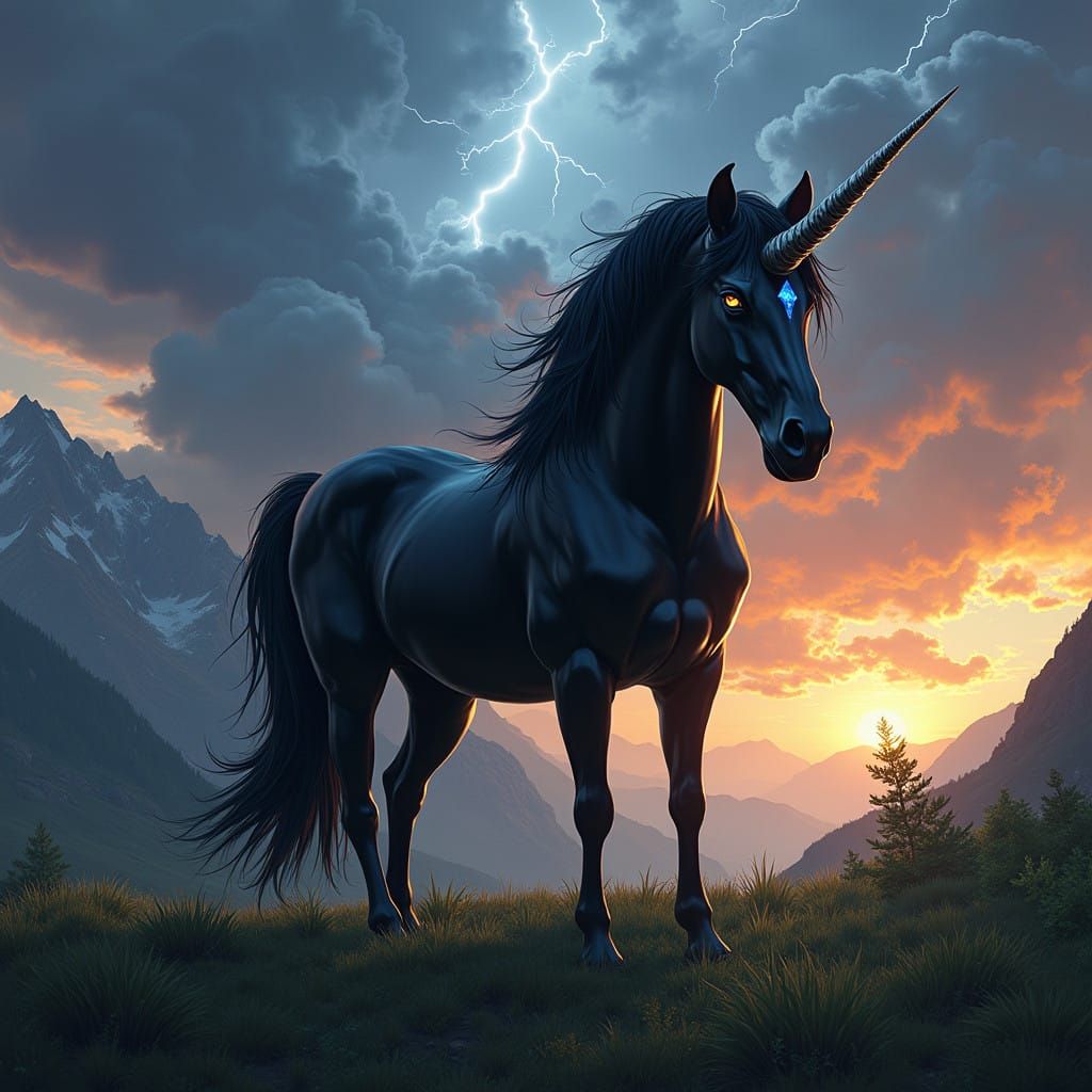 Majestic Dark Unicorn in Hyperrealistic Style