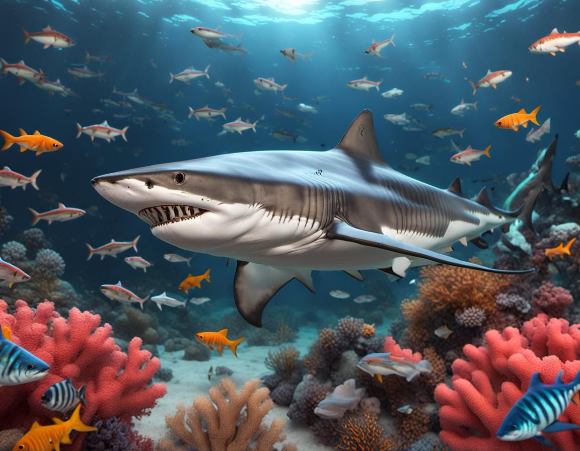 Tiger Shark and Striped Fish in Coral Reef