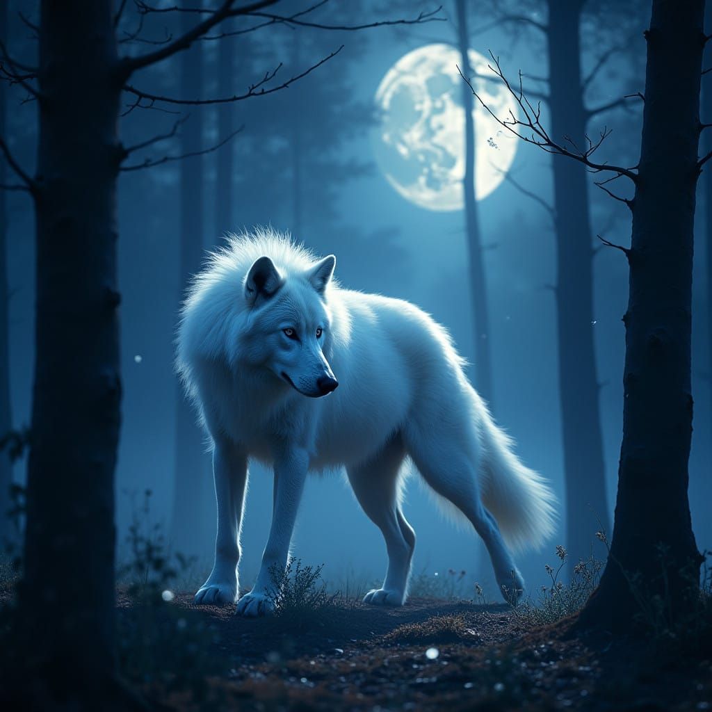 Regal White Wolf Illuminated Under Midnight Sky