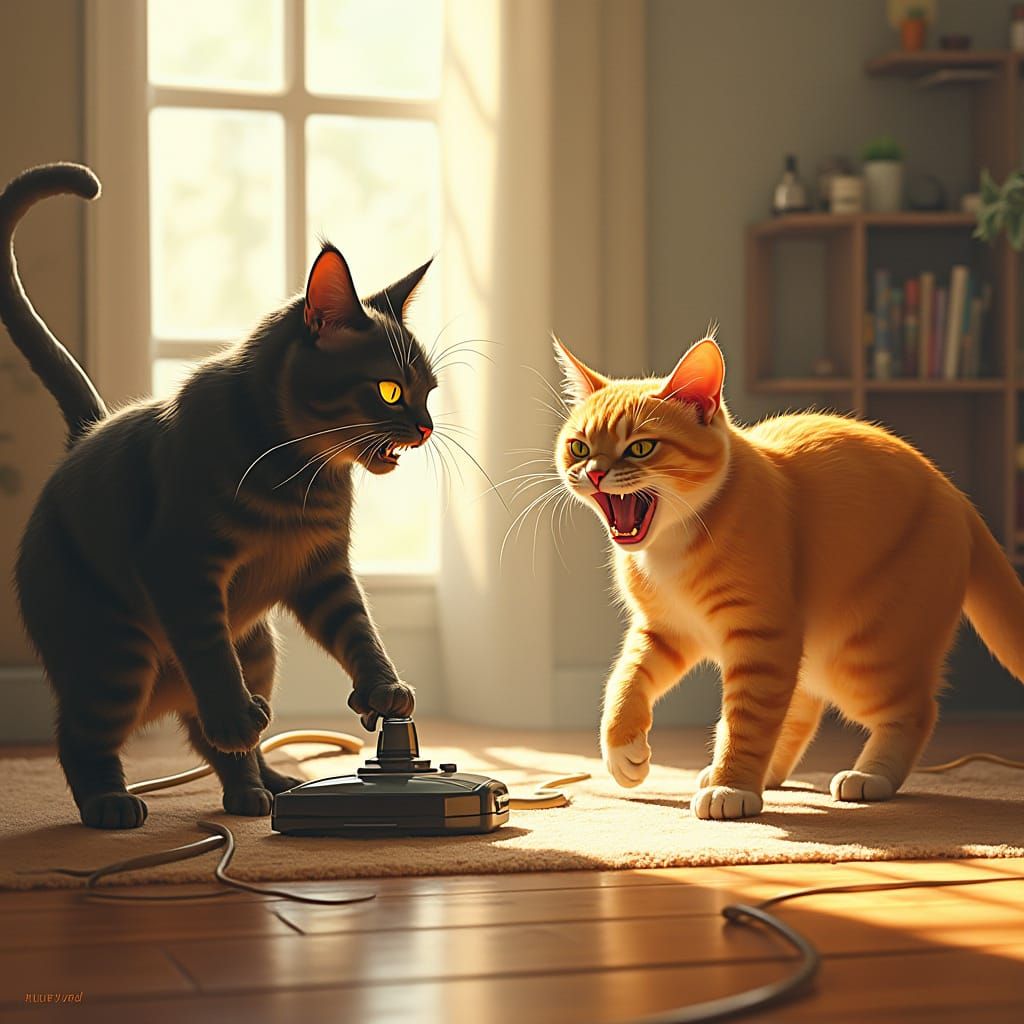 Fearsome Felines Confront a Menacing Vacuum in a Futuristic ...