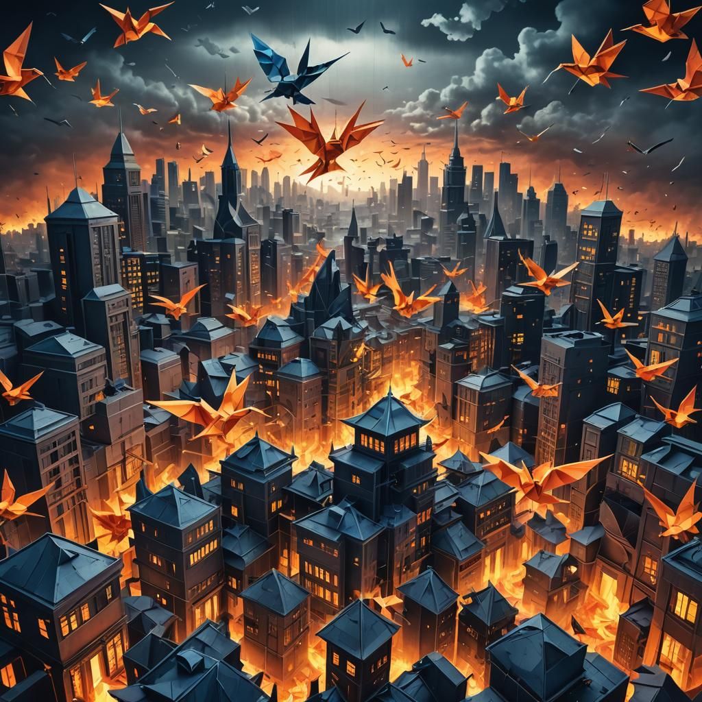 Cyberpunk Origami Inferno Engulfs Futuristic Cityscape