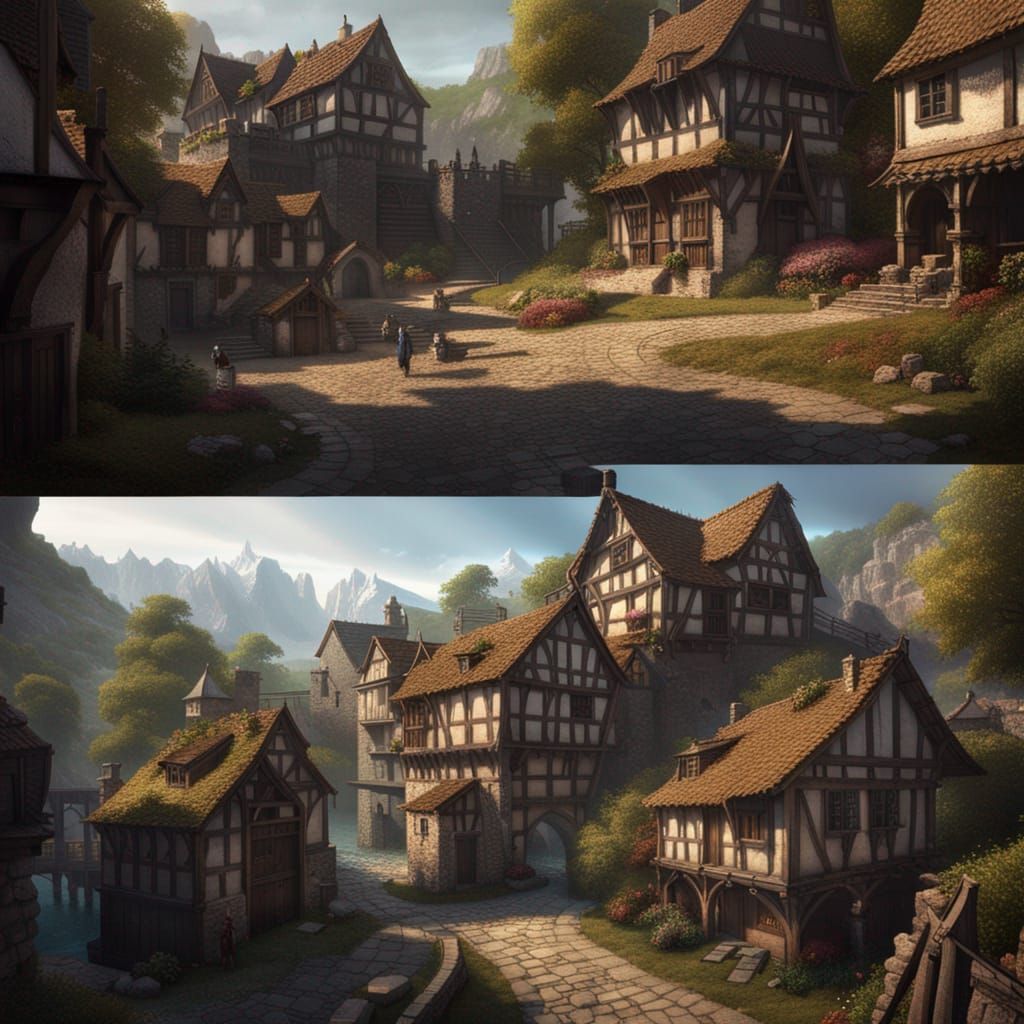 Medieval Village with Fort in Dark Fantasy Style