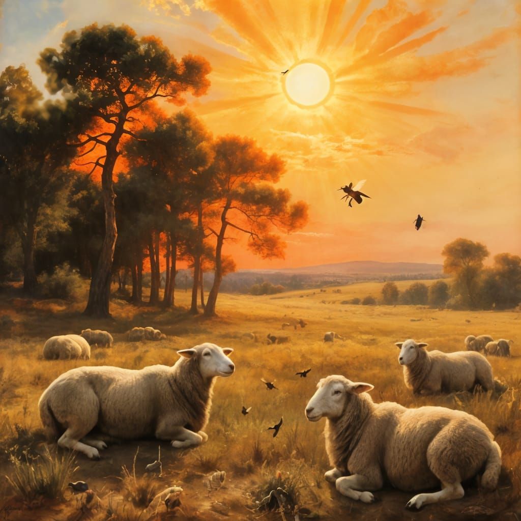 Baroque Oil Painting of Sheep in a Sun-Drenched Field