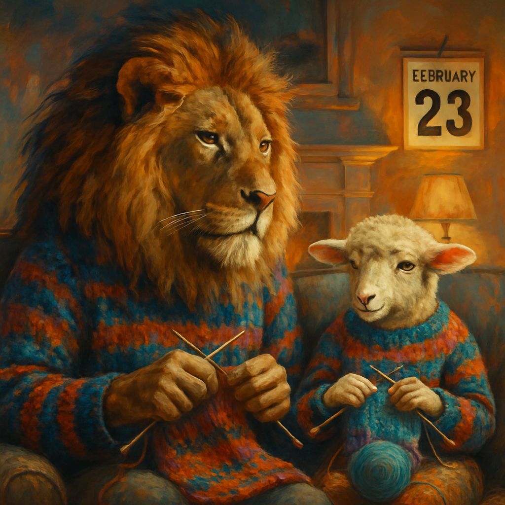Lion and Lamb Knitting Cozy Sweaters by Fireplace