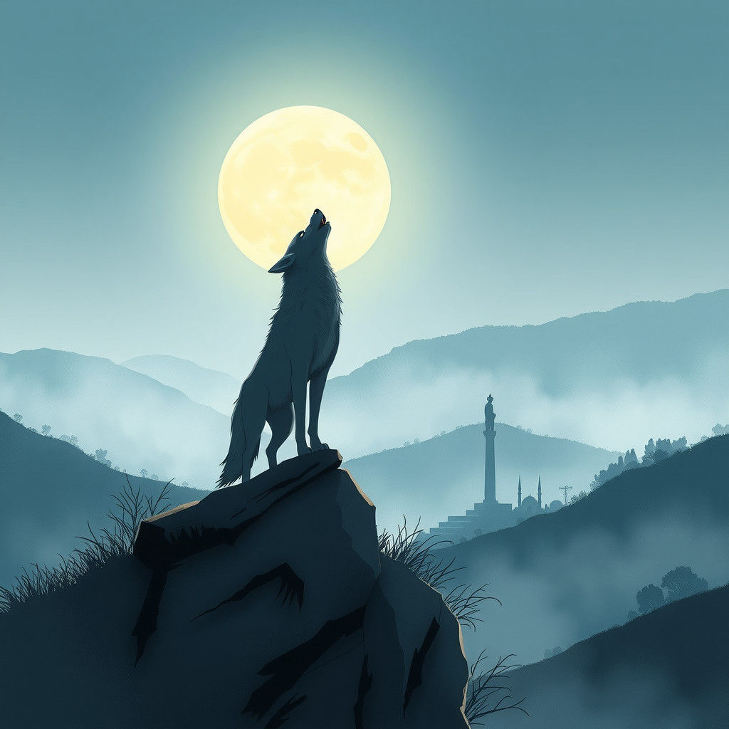 Grey Wolf Howling in Anime Turkish Landscape