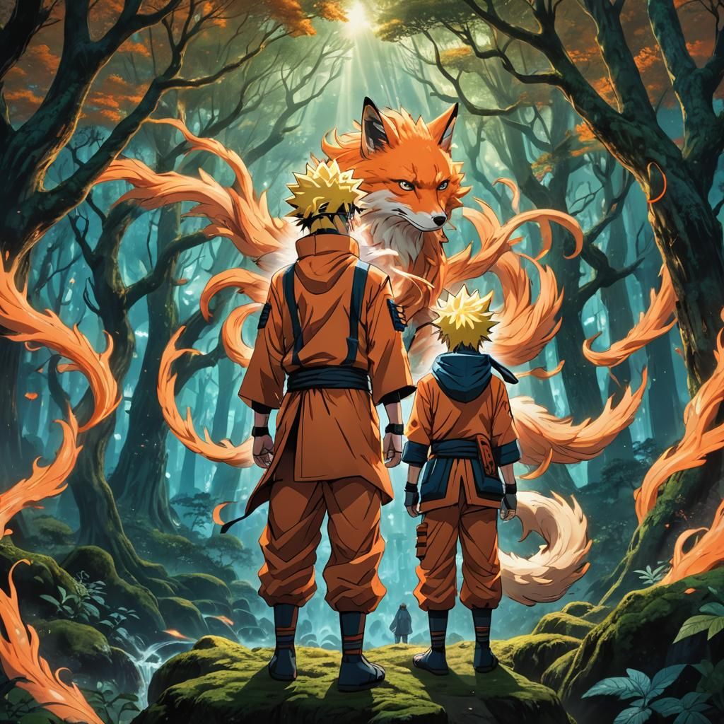 Naruto and Kurama in Mystical Forest