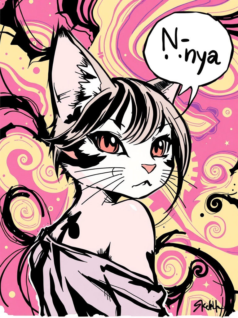 Provocative Catgirl in Psychedelic Anime Sketch