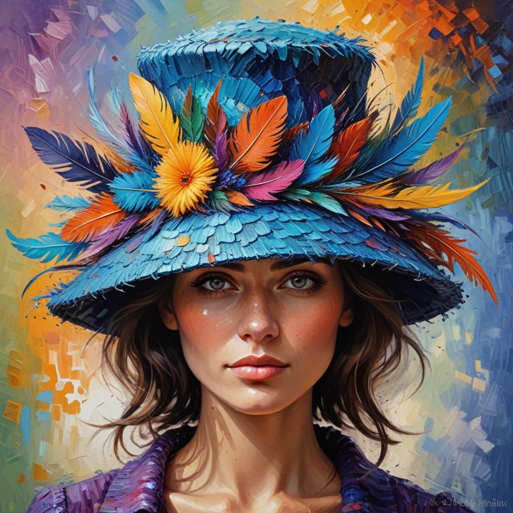 Feather Hat Oil Painting in Neo-Impressionist Style
