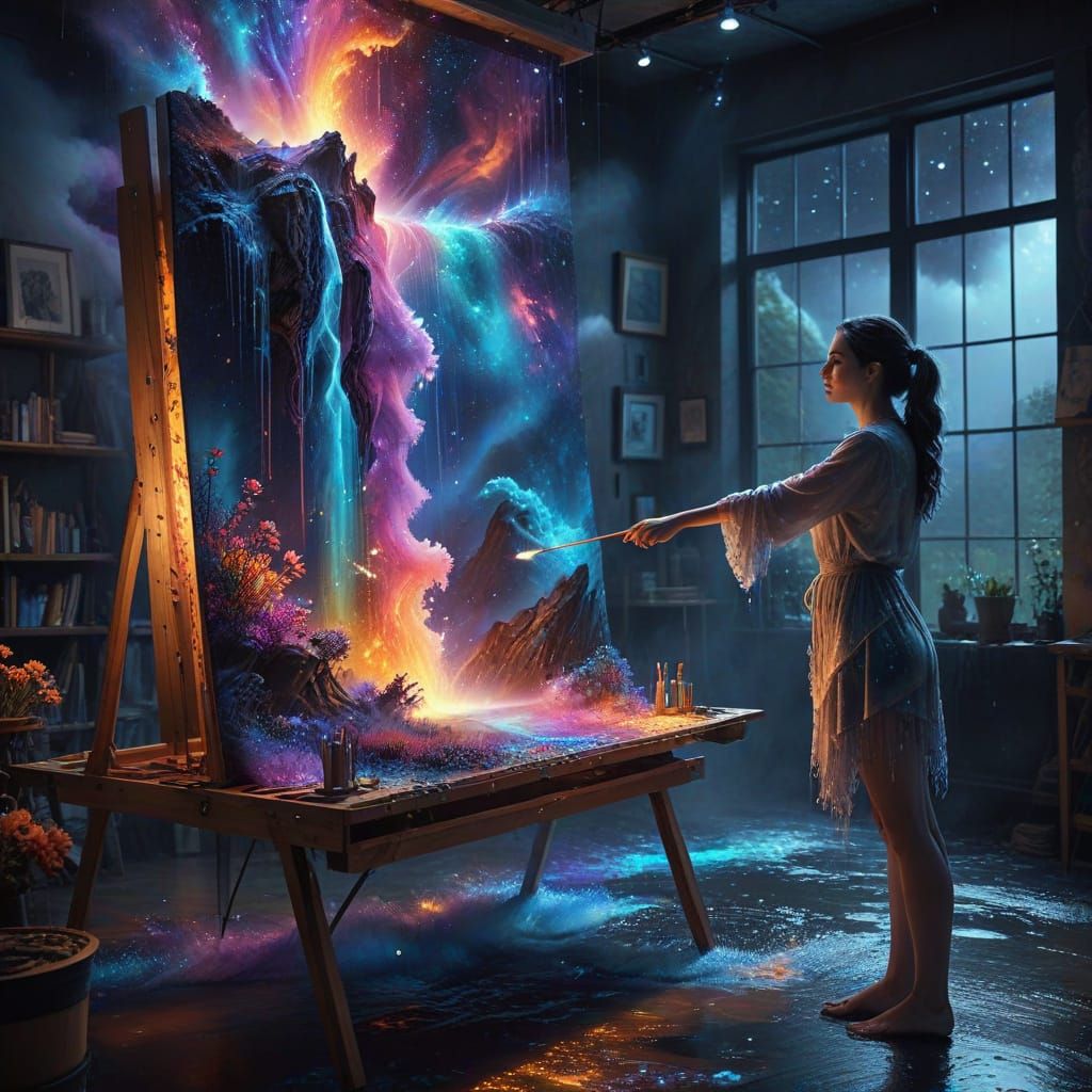 Artist Painting Cosmic Waterfall in Watercolor Collage Style