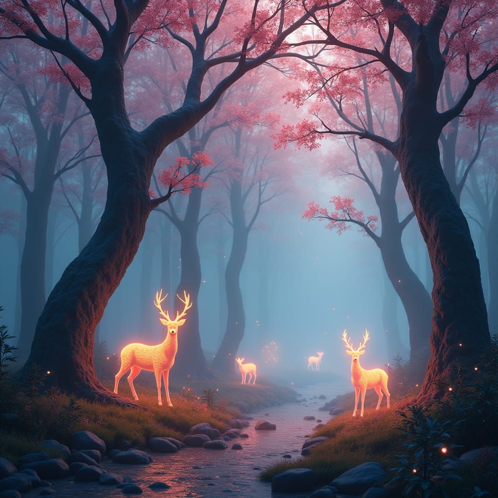 Enchanted Forest with Luminous Creatures in Fantasy Style