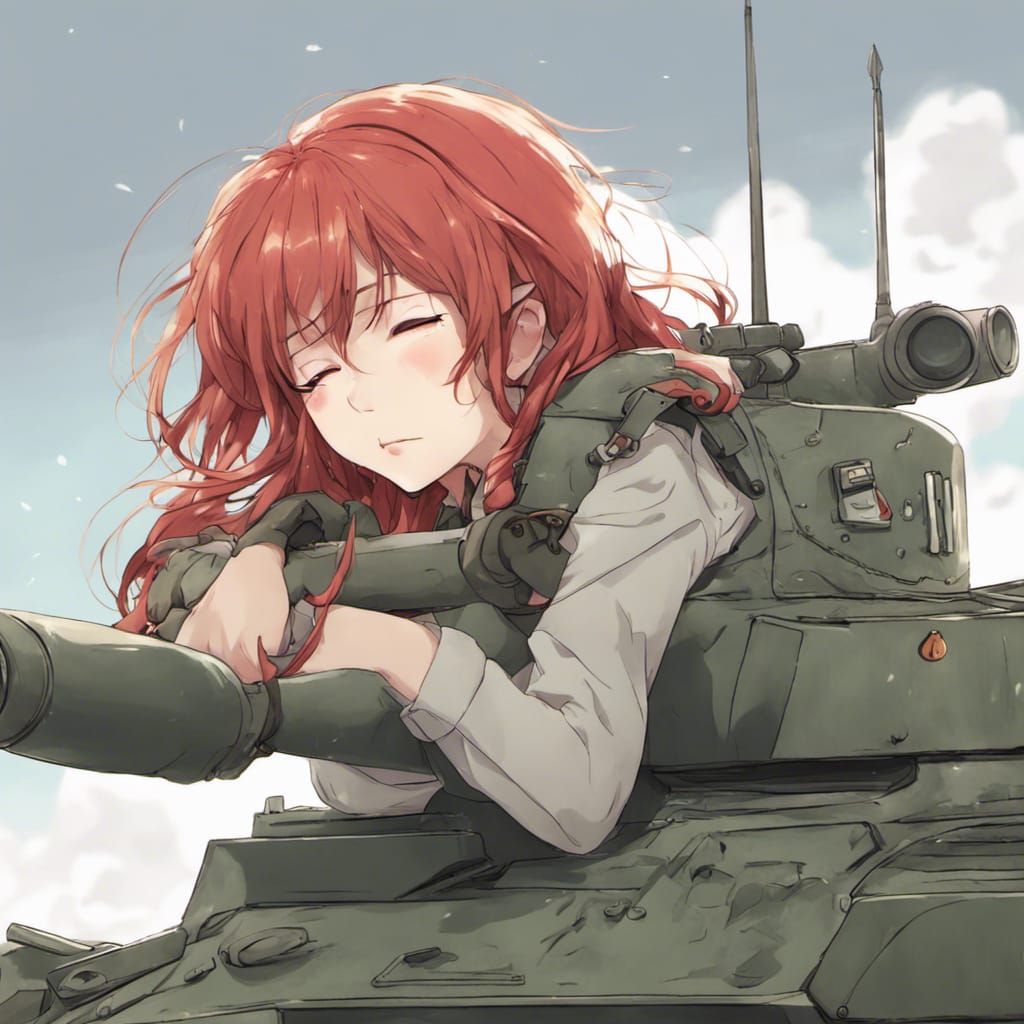 Red-Haired Girl Asleep on Tank: Anime Style