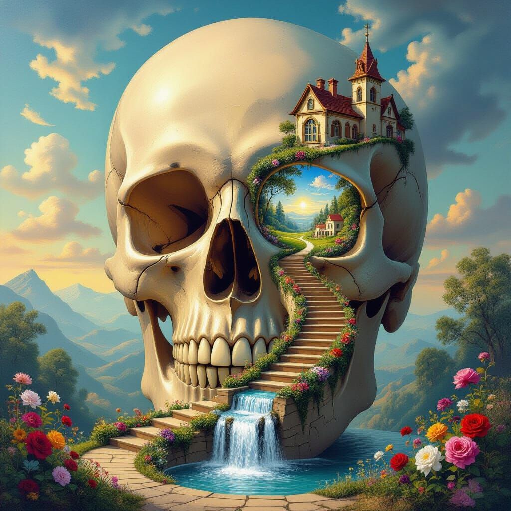 Enchanted Villa Within a Colossal Skull, Surreal Oil Paintin...