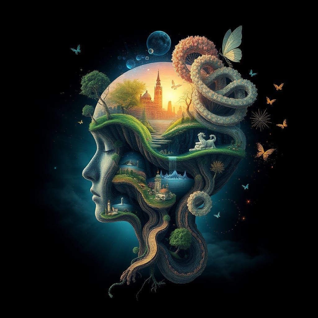 Detailed Illusionary concept art of Inside the head of a fairy Landscape of the mindscape inspired double exposure by Ig...