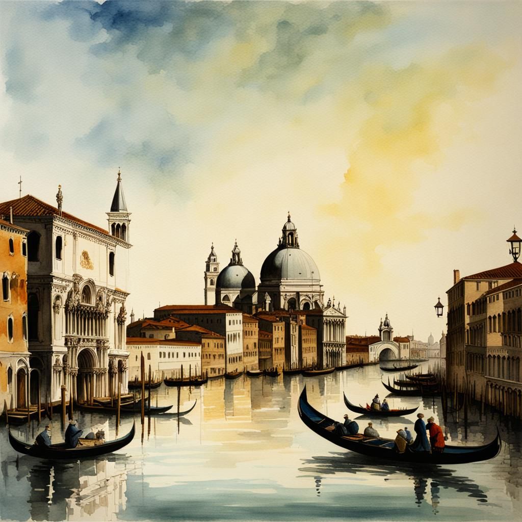 Venice 1700: Romantic Watercolor Painting in Canaletto Style