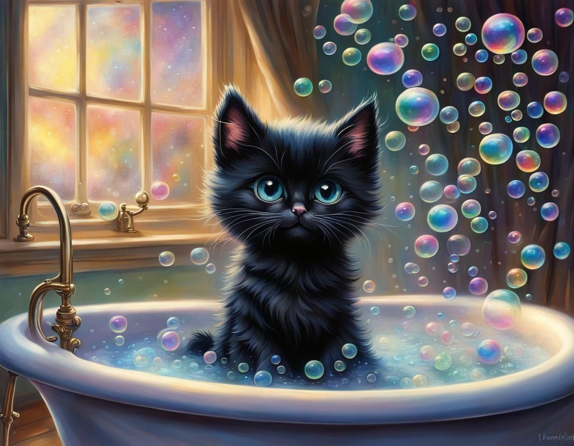 Big-Eyed Kitten's Iridescent Bath, Ethereal Fantasy Art