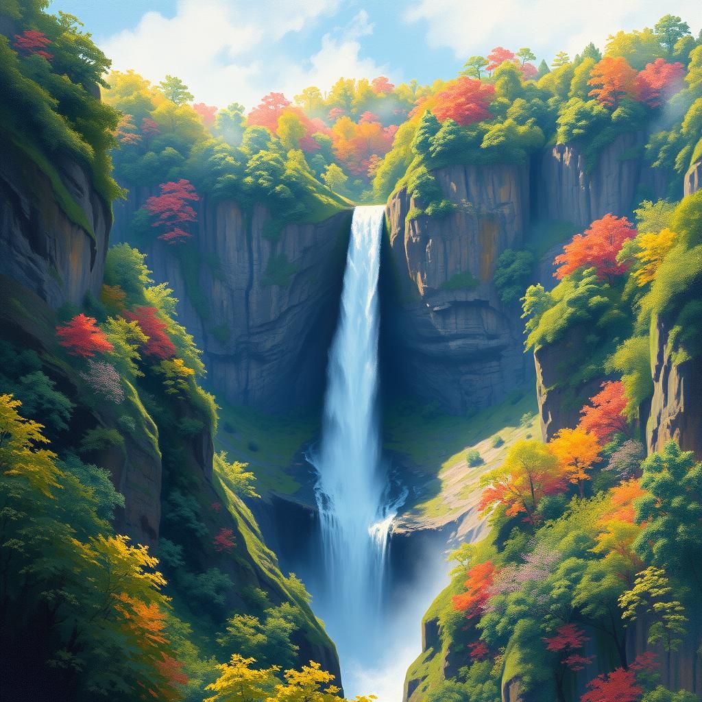 Rainbow Waterfall Landscape in Impressionistic Style