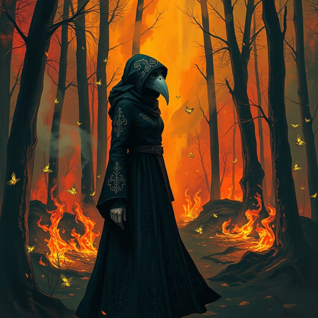 Plague Doctor in Burning Forest with Fireflies